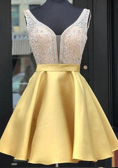 A-Line V Neck Sleeveless Satin Short/Mini Homecoming Dress with Beading and Sequins - Babyonlines
