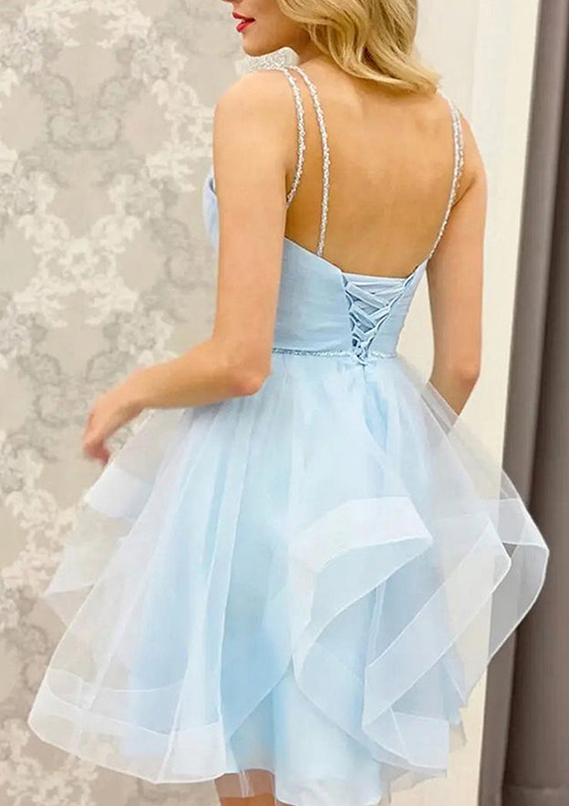 A-line V Neck Sleeveless Tulle Short/Mini Homecoming Dress With Beading & Pleats - Babyonlines