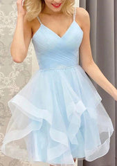 A-line V Neck Sleeveless Tulle Short/Mini Homecoming Dress With Beading & Pleats - Babyonlines