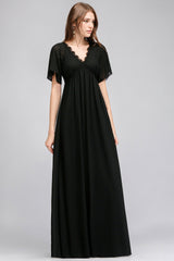Affordable Chiffon Black V-Neck Bridesmaid Dresses with Short-Sleeves
