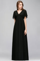 Affordable Chiffon Black V-Neck Bridesmaid Dresses with Short-Sleeves