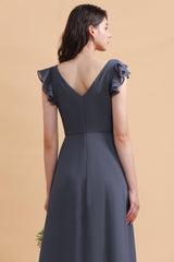 Affordable V-Neck Chiffon Ruffles Bridesmaid Dress with Pockets On Sale-Babyonlines