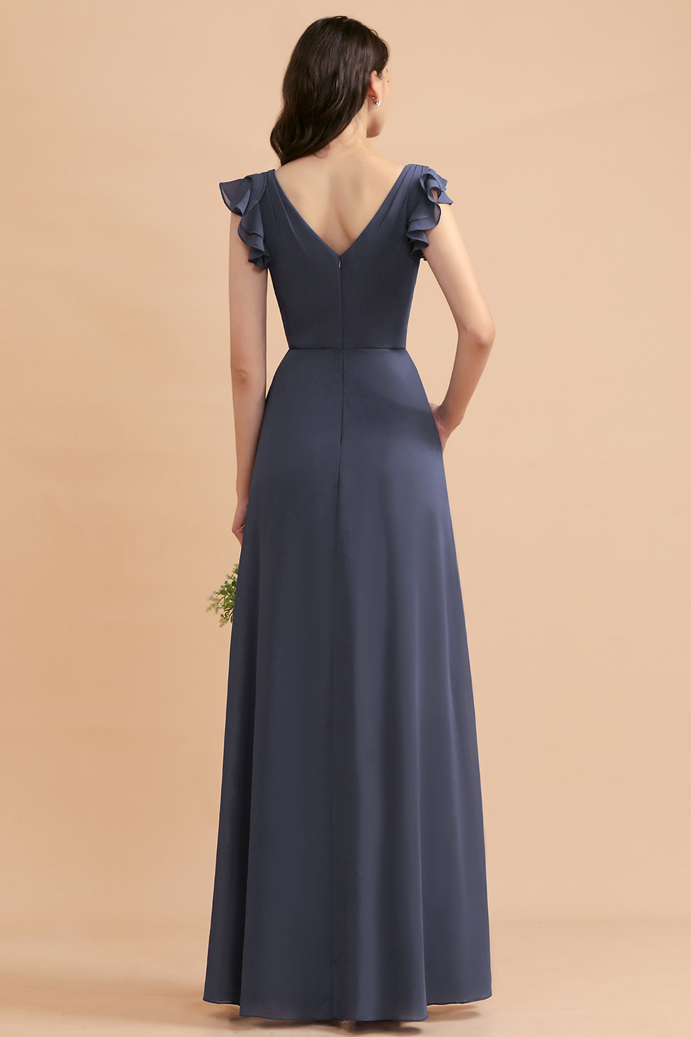 Affordable V-Neck Chiffon Ruffles Bridesmaid Dress with Pockets On Sale-Babyonlines