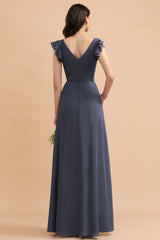 Affordable V-Neck Chiffon Ruffles Bridesmaid Dress with Pockets On Sale-Babyonlines