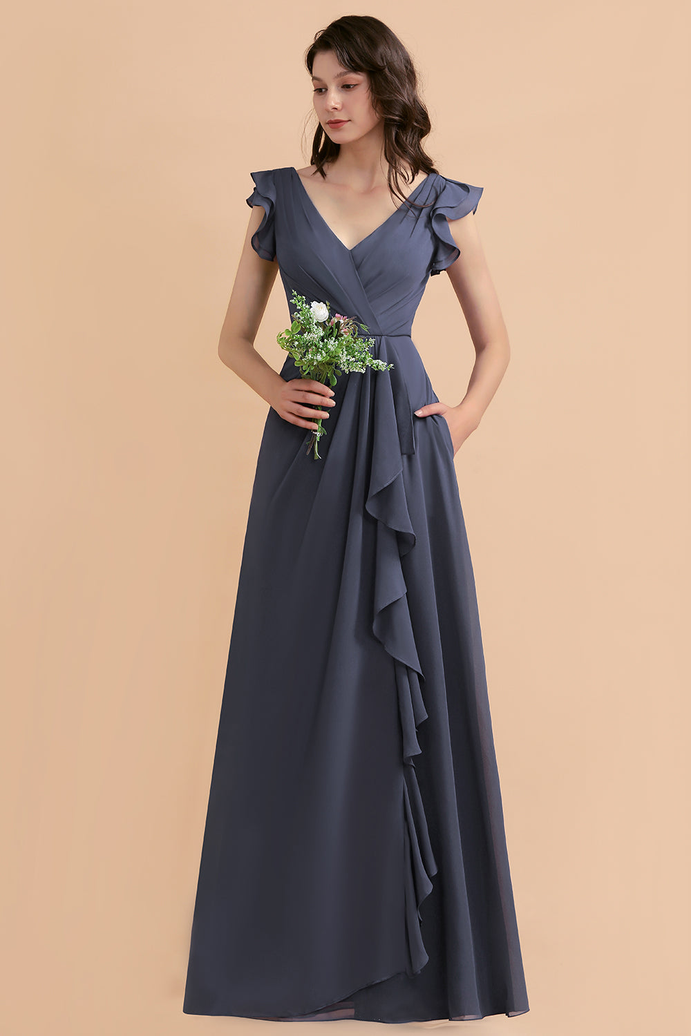 Affordable V-Neck Chiffon Ruffles Bridesmaid Dress with Pockets On Sale-Babyonlines