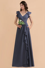 Affordable V-Neck Chiffon Ruffles Bridesmaid Dress with Pockets On Sale-Babyonlines