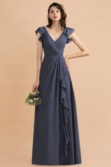 Affordable V-Neck Chiffon Ruffles Bridesmaid Dress with Pockets On Sale-Babyonlines