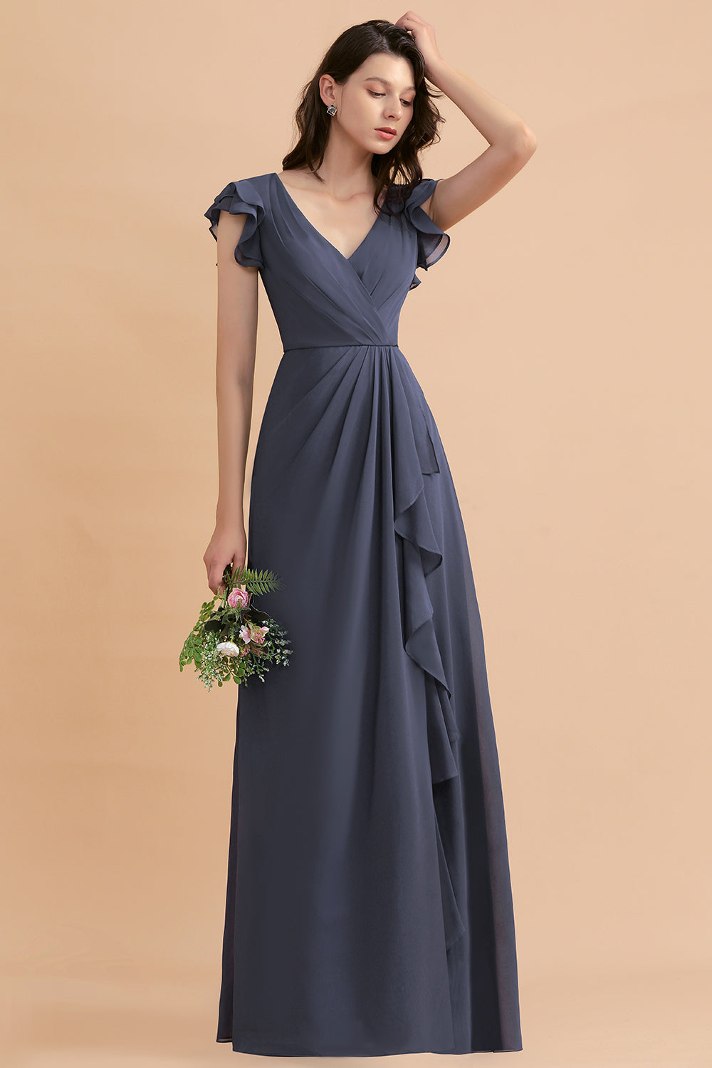 Affordable V-Neck Chiffon Ruffles Bridesmaid Dress with Pockets On Sale-Babyonlines