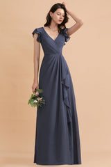Affordable V-Neck Chiffon Ruffles Bridesmaid Dress with Pockets On Sale-Babyonlines