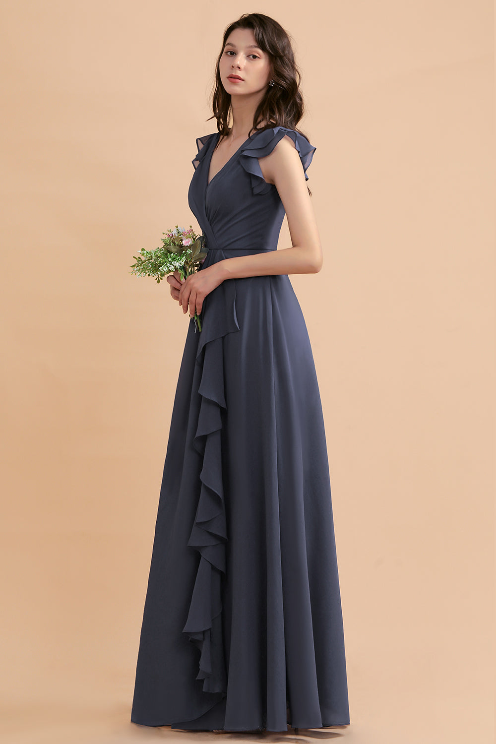 Affordable V-Neck Chiffon Ruffles Bridesmaid Dress with Pockets On Sale-Babyonlines
