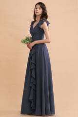Affordable V-Neck Chiffon Ruffles Bridesmaid Dress with Pockets On Sale-Babyonlines