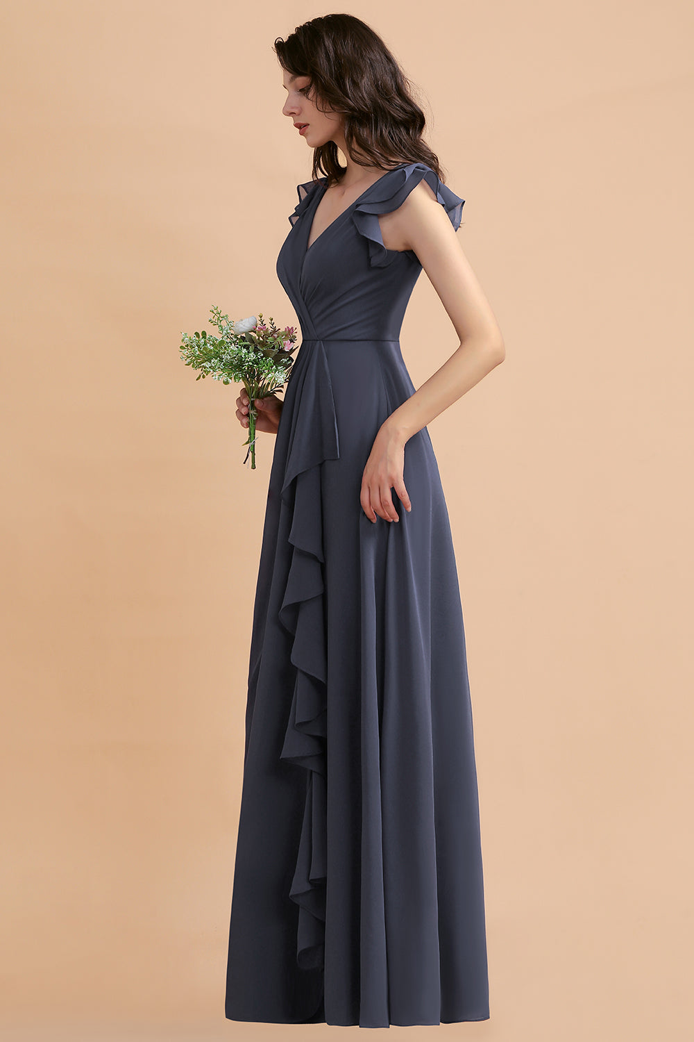 Affordable V-Neck Chiffon Ruffles Bridesmaid Dress with Pockets On Sale-Babyonlines