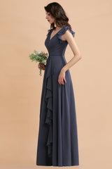 Affordable V-Neck Chiffon Ruffles Bridesmaid Dress with Pockets On Sale-Babyonlines