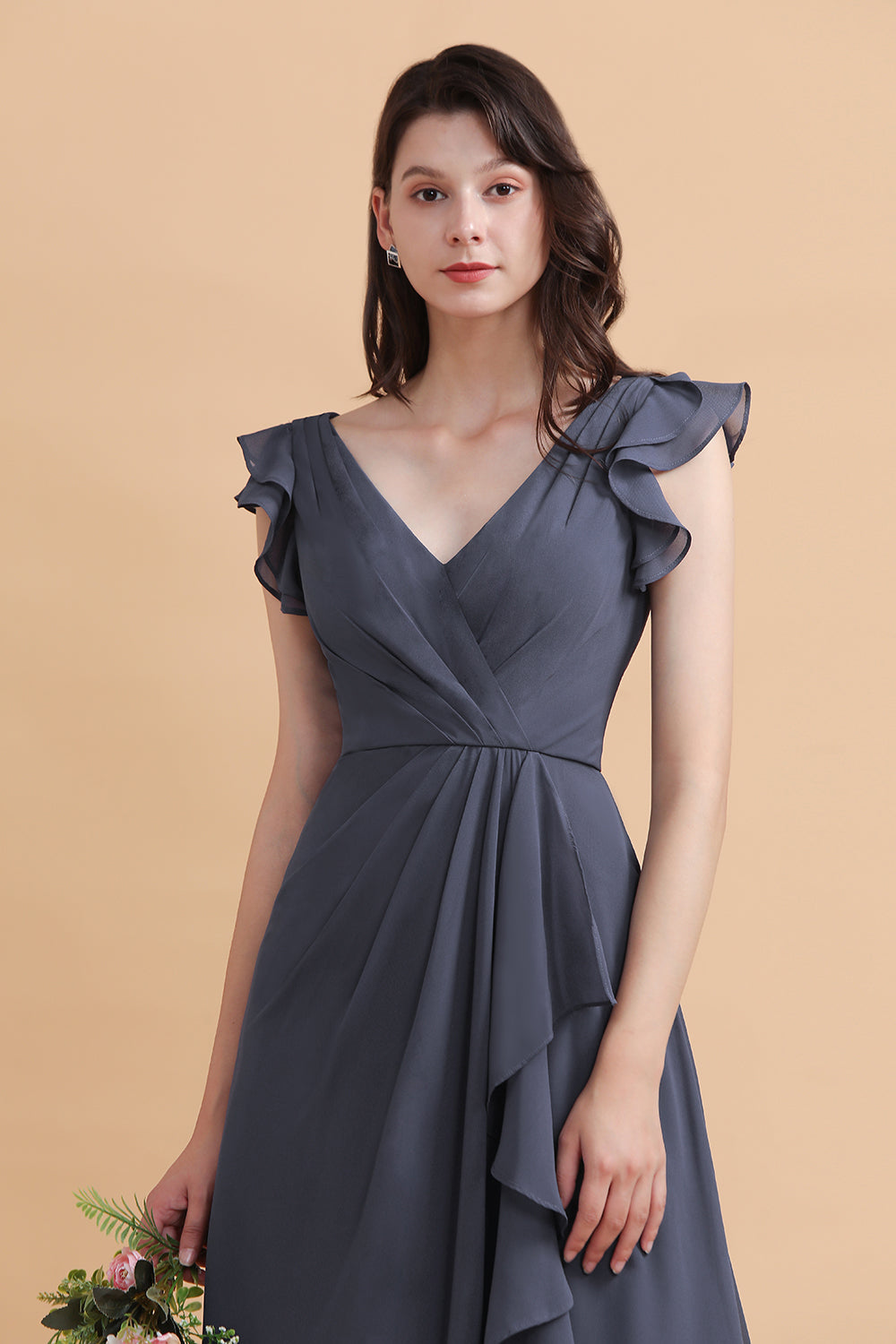 Affordable V-Neck Chiffon Ruffles Bridesmaid Dress with Pockets On Sale-Babyonlines