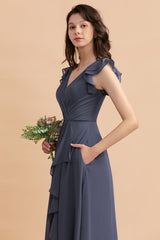Affordable V-Neck Chiffon Ruffles Bridesmaid Dress with Pockets On Sale-Babyonlines