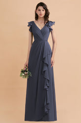 Affordable V-Neck Chiffon Ruffles Bridesmaid Dress with Pockets On Sale-Babyonlines