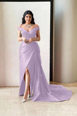 Amazing Off the Shoulder V Neck Long Prom Dress with Pleated Split