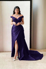 Amazing Off the Shoulder V Neck Long Prom Dress with Pleated Split
