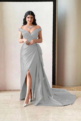 Amazing Off the Shoulder V Neck Long Prom Dress with Pleated Split