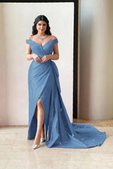 Amazing Off the Shoulder V Neck Long Prom Dress with Pleated Split