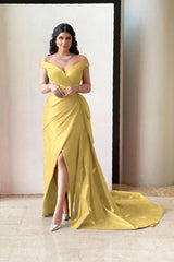 Amazing Off the Shoulder V Neck Long Prom Dress with Pleated Split
