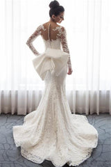 Amazing Long Sleeve Mermaid Lace Wedding Dress with Bowknot and Detachable Skirt