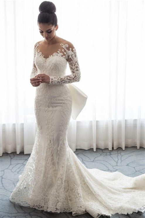Amazing Long Sleeve Mermaid Lace Wedding Dress with Bowknot and Detachable Skirt