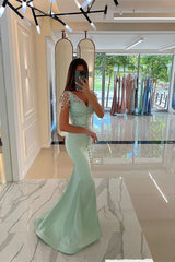 Mint Green Cap Sleeve Long Prom Dress with Split Beading
