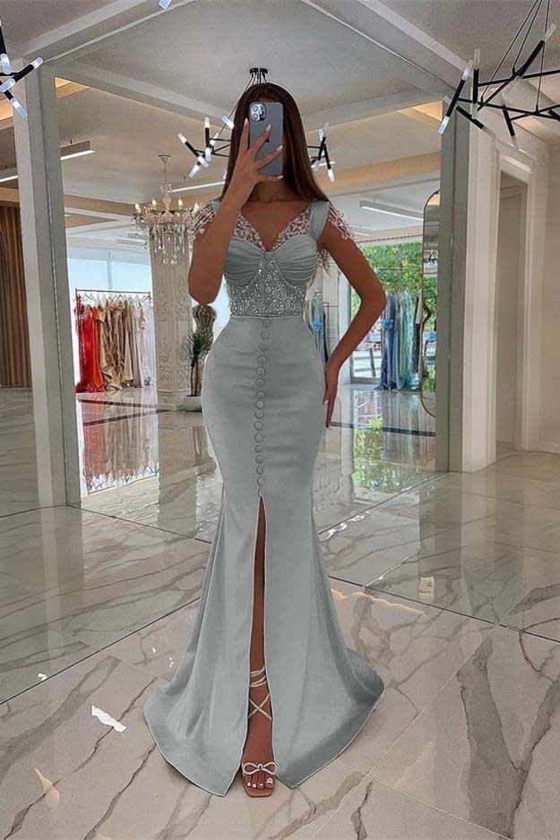 Mint Green Cap Sleeve Long Prom Dress with Split Beading