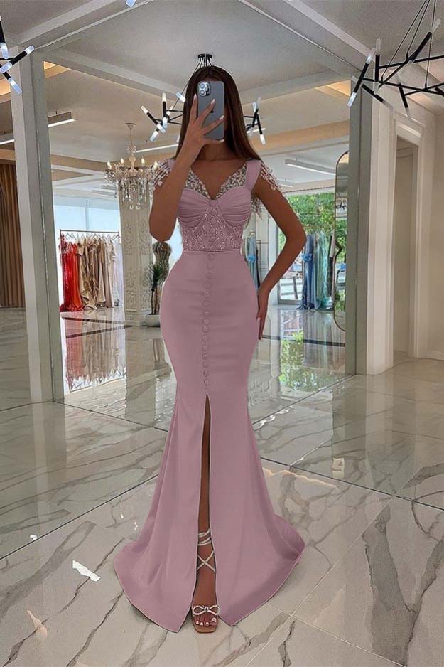 Mint Green Cap Sleeve Long Prom Dress with Split Beading