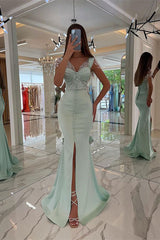 Mint Green Cap Sleeve Long Prom Dress with Split Beading