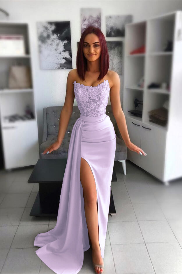 Amazing Strapless Mermaid Long Split Prom Dress with Appliques and Ruffles