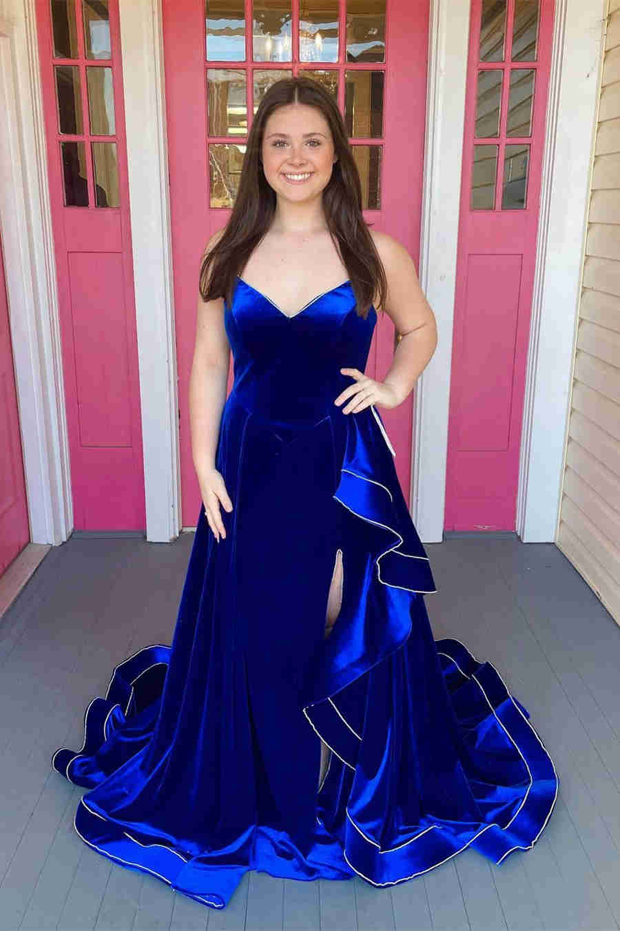 Asymmetrical Royal Blue Velvet Long Prom Dress