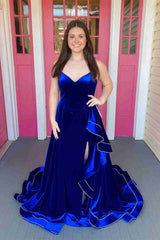 Asymmetrical Royal Blue Velvet Long Prom Dress