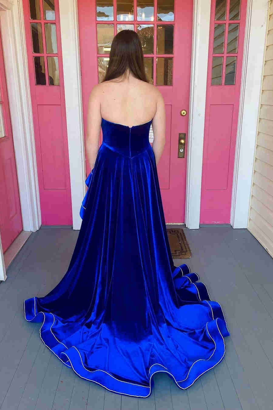 Asymmetrical Royal Blue Velvet Long Prom Dress