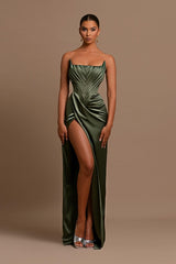 Green Strapless Mermaid Long Prom Dress with Split Pleated