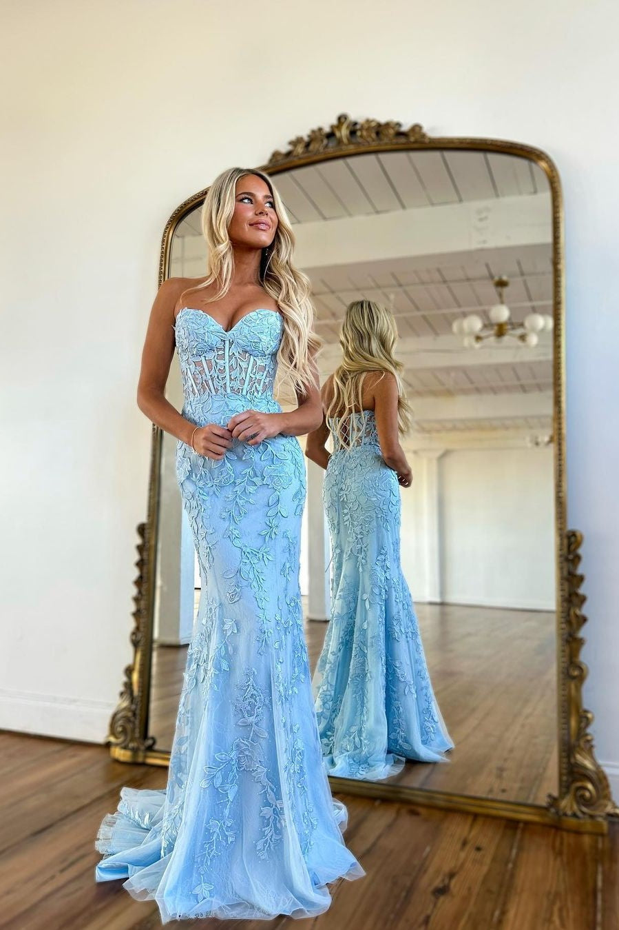 Baby Blue Prom Dress Ball Gown with Mermaid Appliques