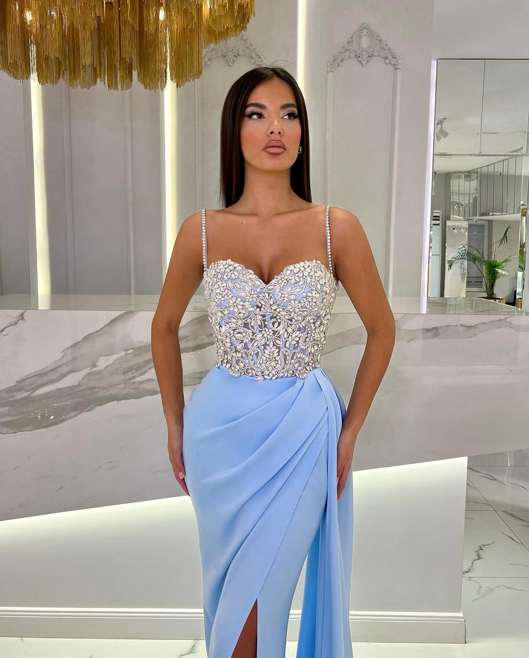 Baby Blue Spaghetti Strap Sweetheart Appliques Prom Dress with High Slit