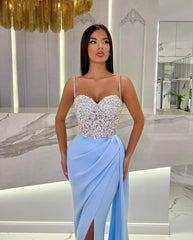 Baby Blue Spaghetti Strap Sweetheart Appliques Prom Dress with High Slit