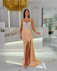 Baby Blue Spaghetti Strap Sweetheart Appliques Prom Dress with High Slit