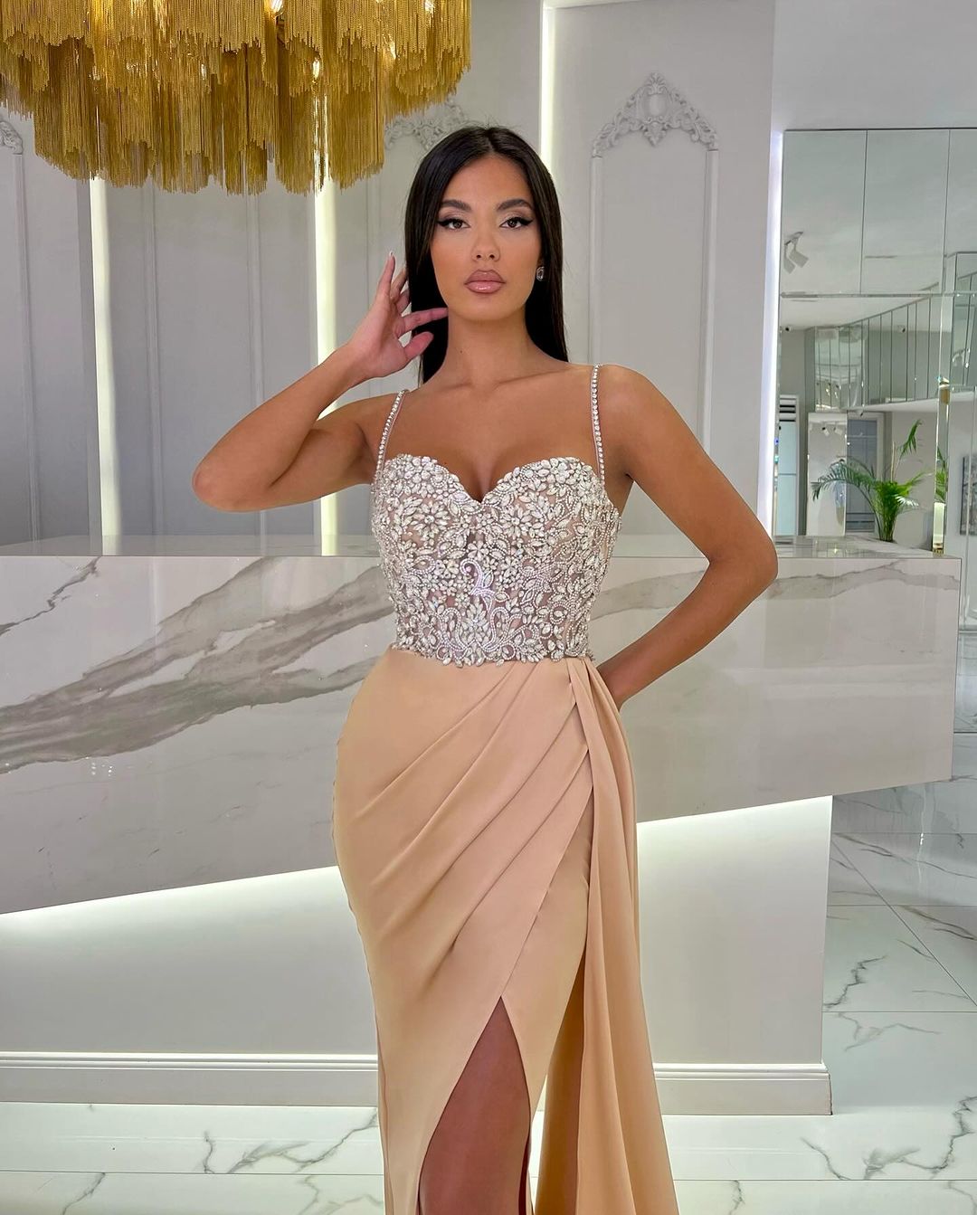 Baby Blue Spaghetti Strap Sweetheart Appliques Prom Dress with High Slit