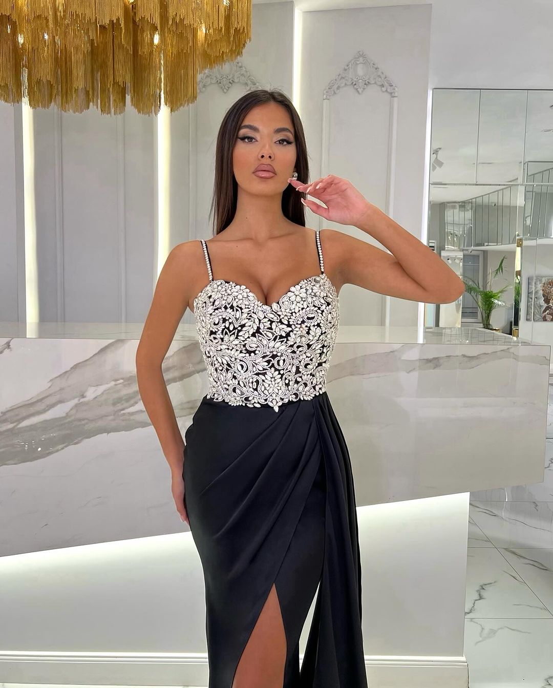 Baby Blue Spaghetti Strap Sweetheart Appliques Prom Dress with High Slit