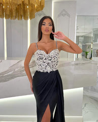 Baby Blue Spaghetti Strap Sweetheart Appliques Prom Dress with High Slit