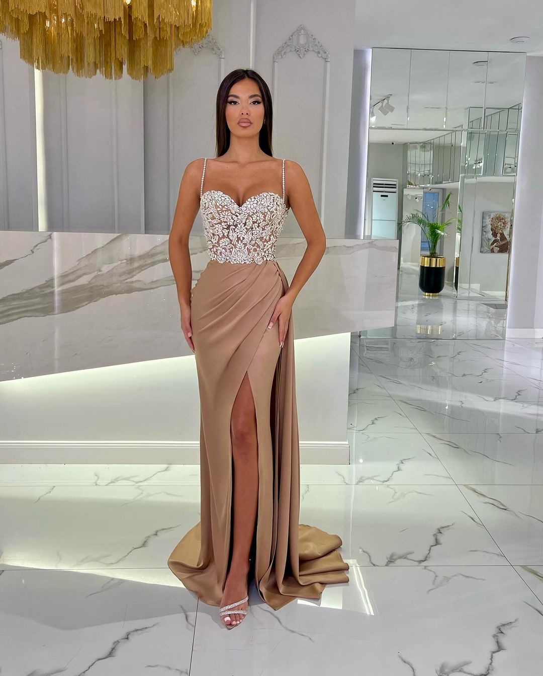 Baby Blue Spaghetti Strap Sweetheart Appliques Prom Dress with High Slit