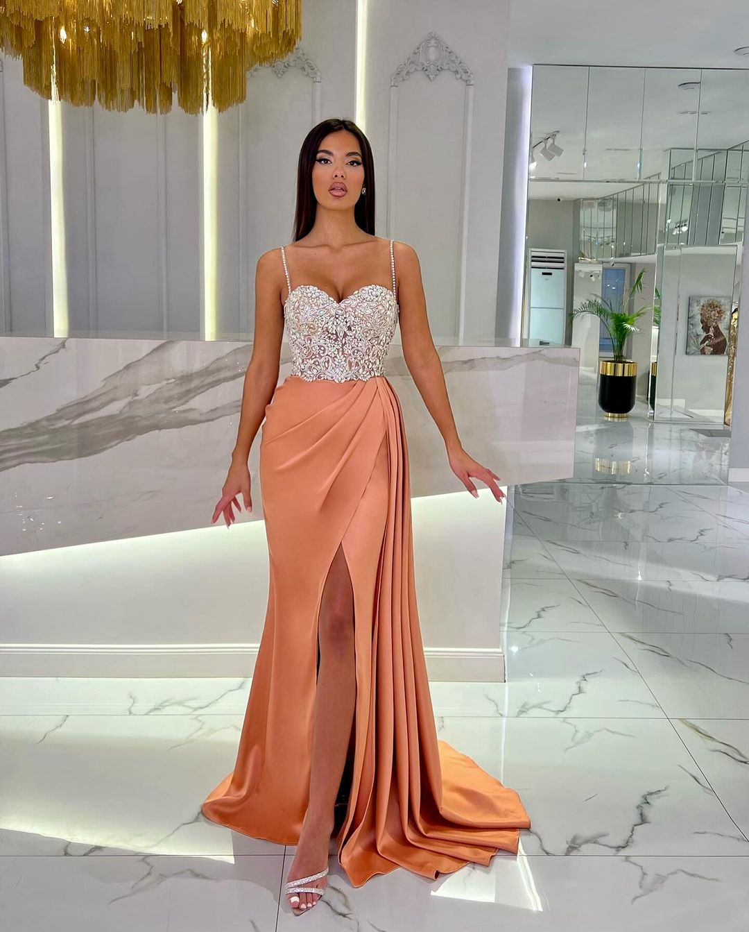 Baby Blue Spaghetti Strap Sweetheart Appliques Prom Dress with High Slit