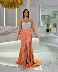 Baby Blue Spaghetti Strap Sweetheart Appliques Prom Dress with High Slit