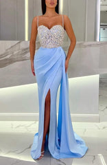 Baby Blue Spaghetti Strap Sweetheart Appliques Prom Dress with High Slit