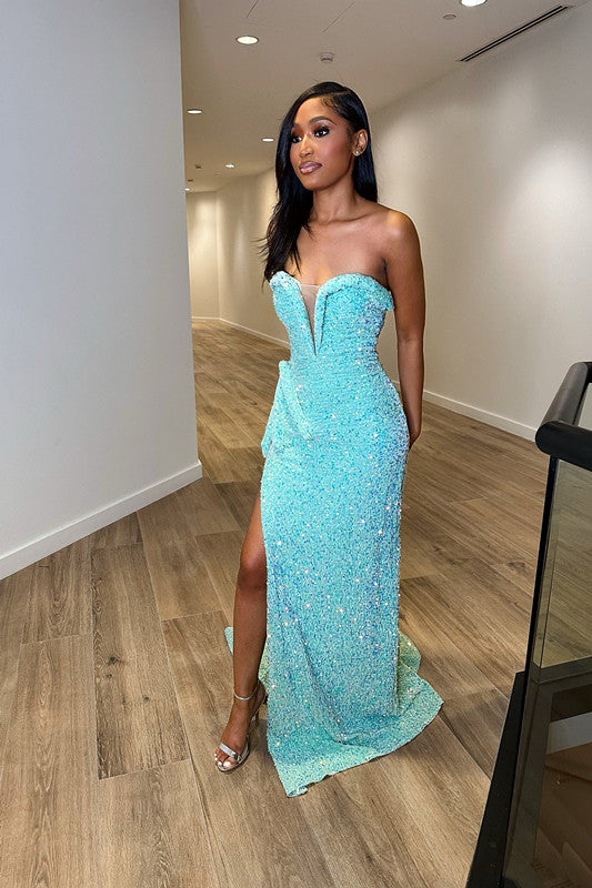 Baby Blue Sequins Evening Dress Sleeveless Taping V Neck with Slit