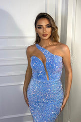 Baby Blue One Shoulder Mermaid Prom Dress with Sequins