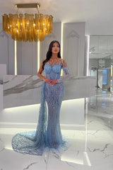 Baby Blue Strapless Long Sleeve Mermaid Long Prom Dress with Beading